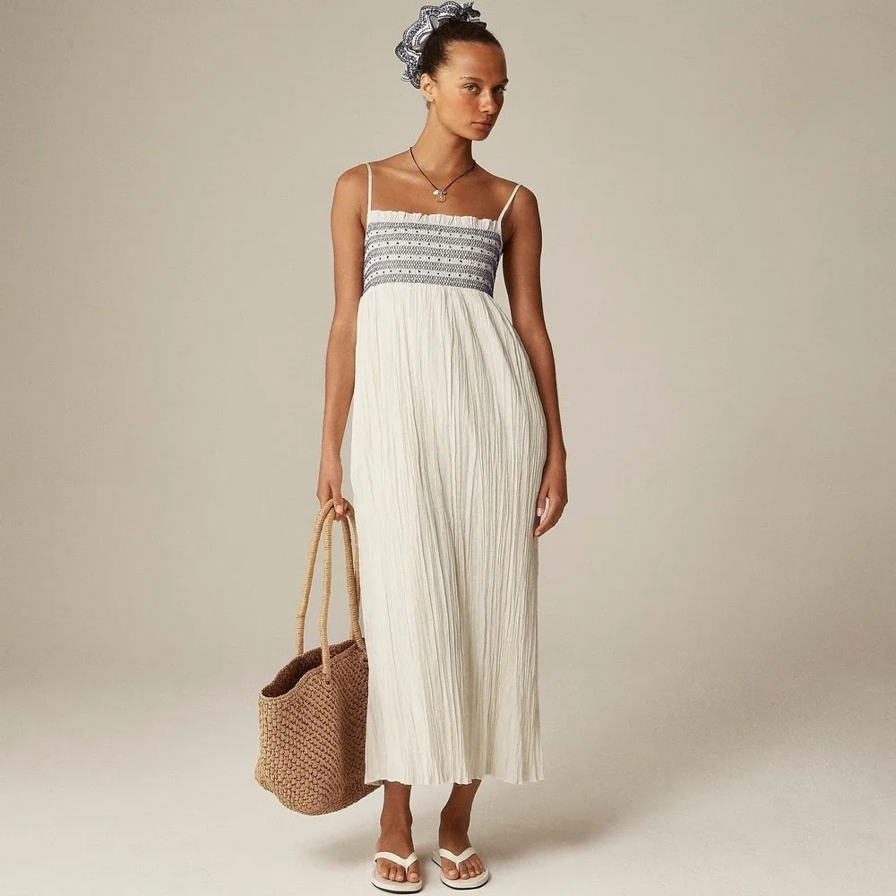 J.Crew Catania Cotton Smocked Maxi‎ Dress XL White Blue Summer Vacation Easy NWT
